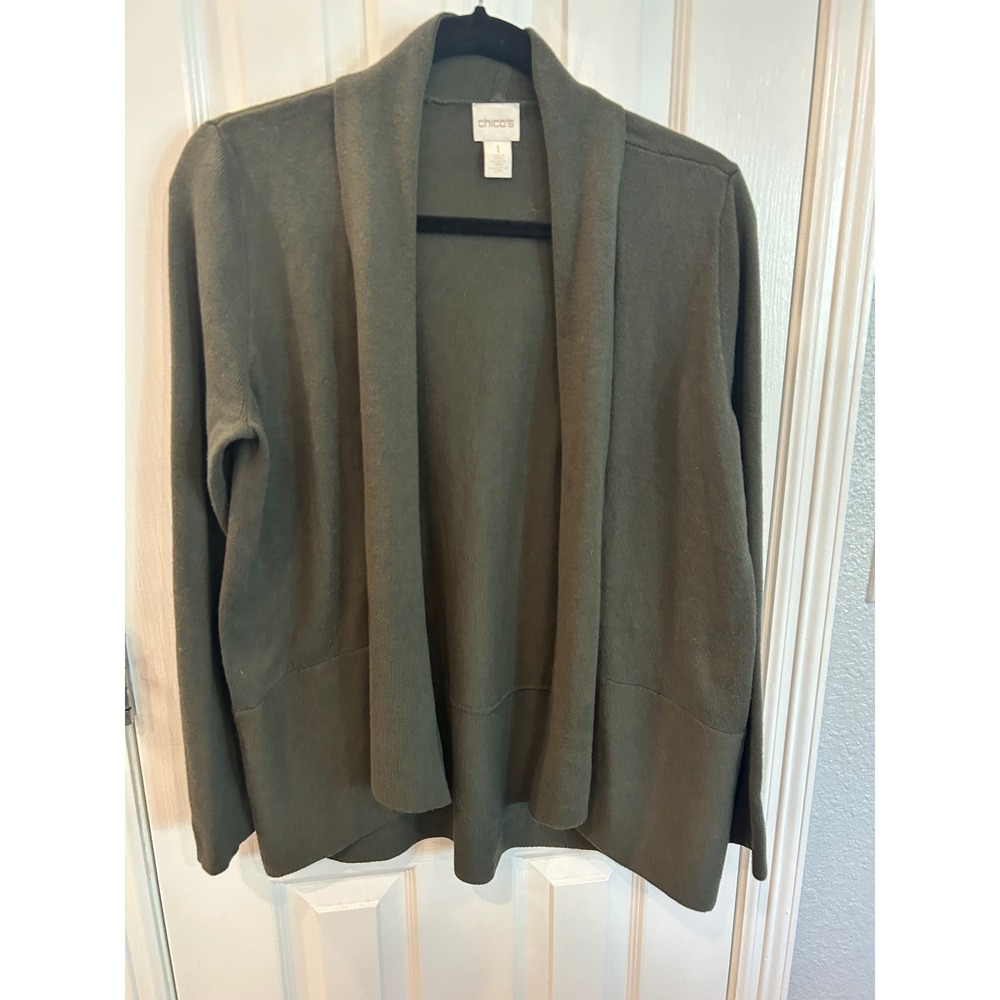 Chico's Cardigan Olive Green Shawl Collar Open Front Cotton Silk Knit‎ Sweater 1